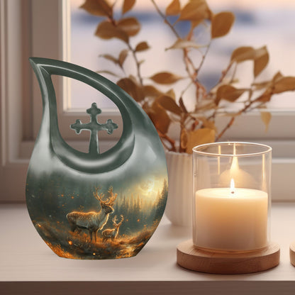 10 inch Deer Family Urn with Cross Drop design