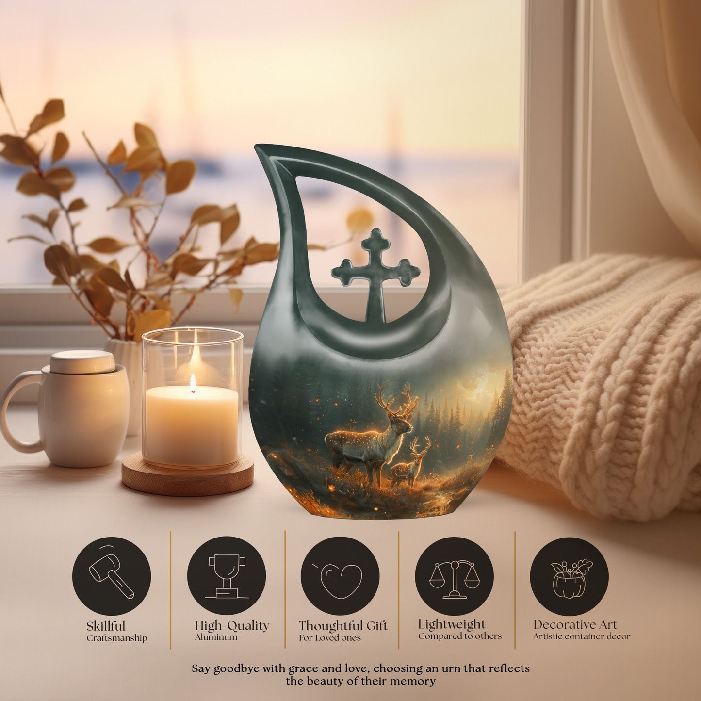 10 inch Deer Family Urn with Cross Drop design