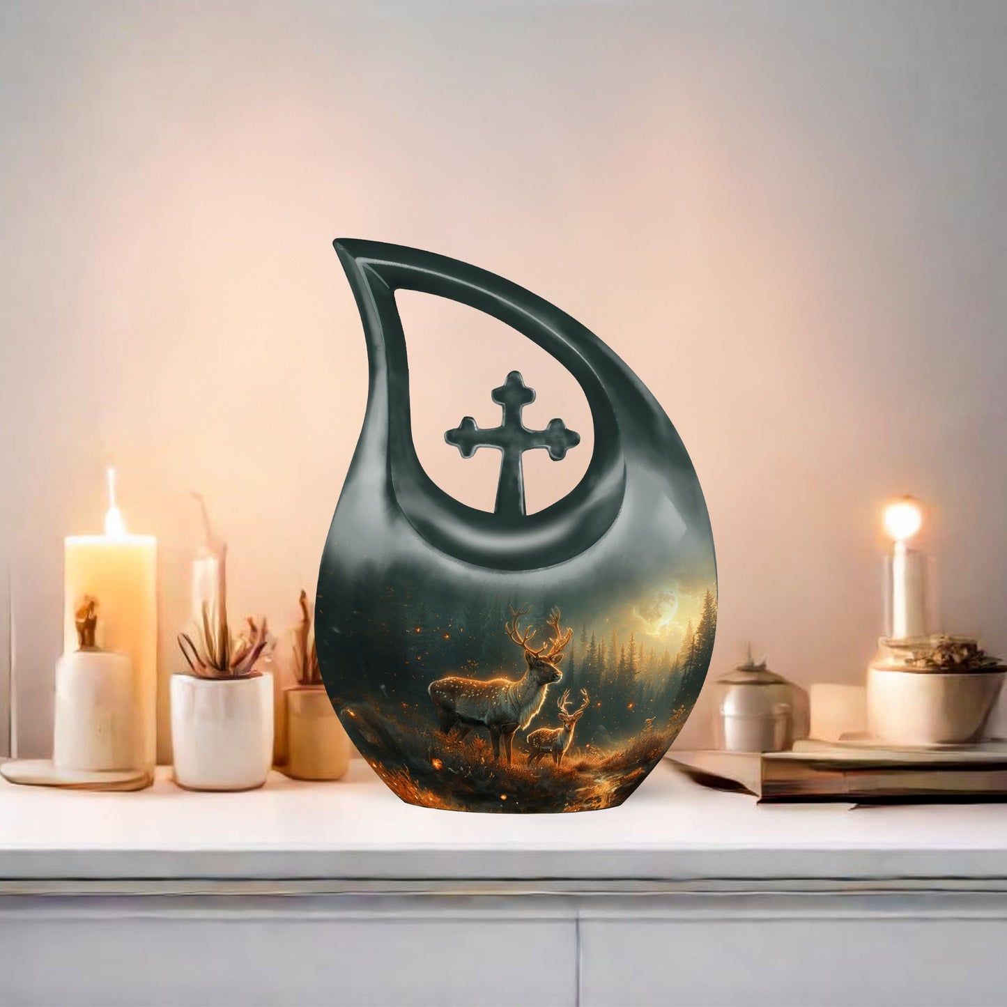 10 inch Deer Family Urn with Cross Drop design