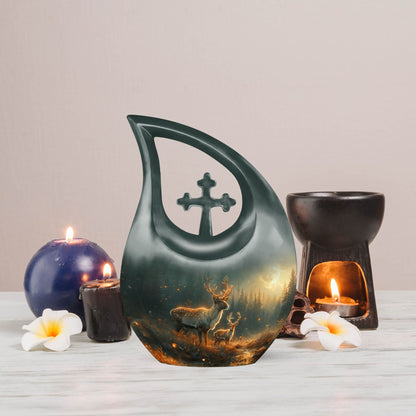 10 inch Deer Family Urn with Cross Drop design