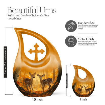 Large, 10-inch Deer Family Urn with Cross Drop design, 
