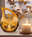 Large, 10-inch Deer Family Urn with Cross Drop design, 