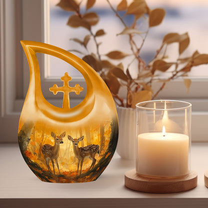 Large, 10-inch Deer Family Urn with Cross Drop design, 