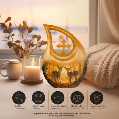 Large, 10-inch Deer Family Urn with Cross Drop design, 