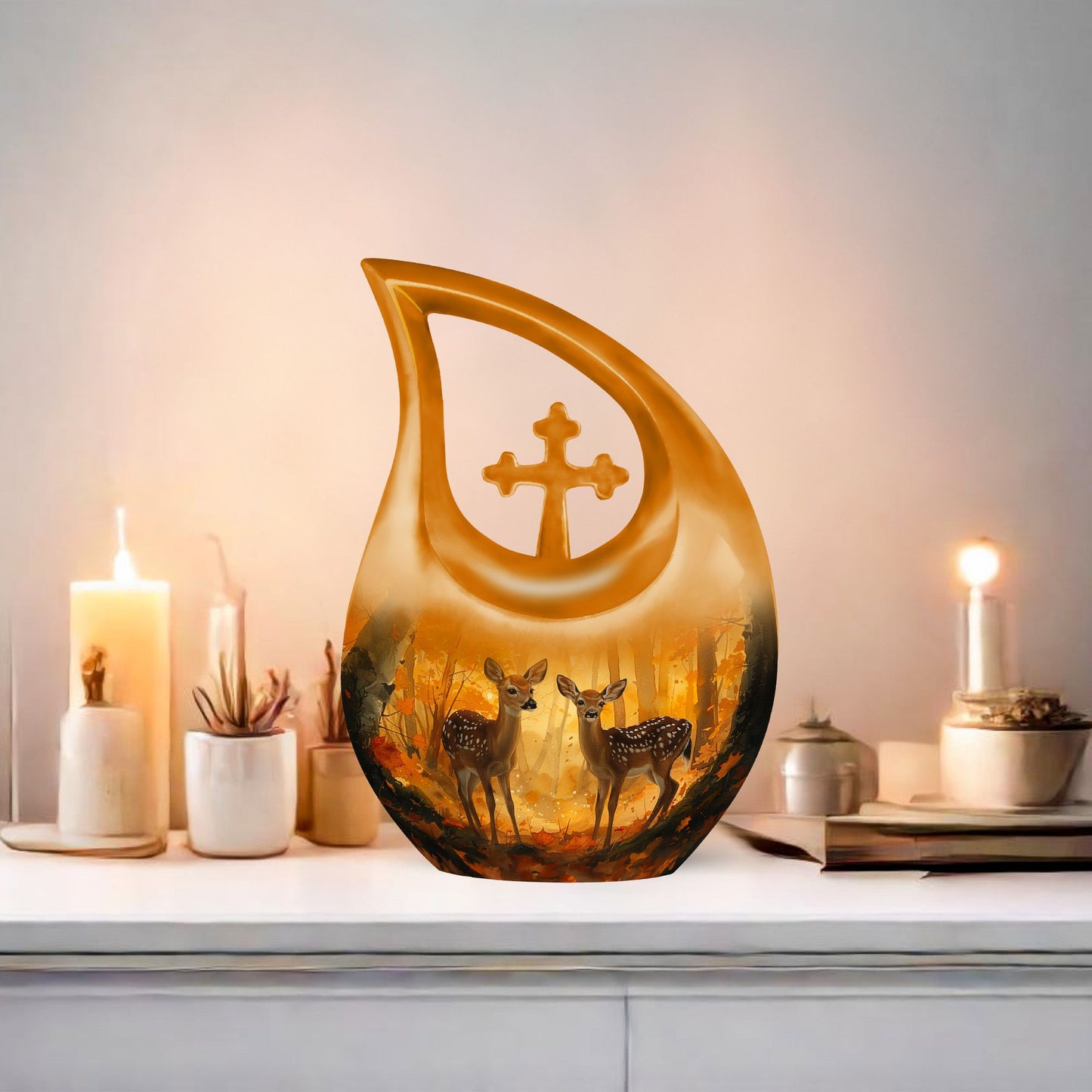 Large, 10-inch Deer Family Urn with Cross Drop design, 