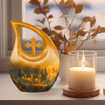 10-inch Deer Family Urn with Cross Drop design,