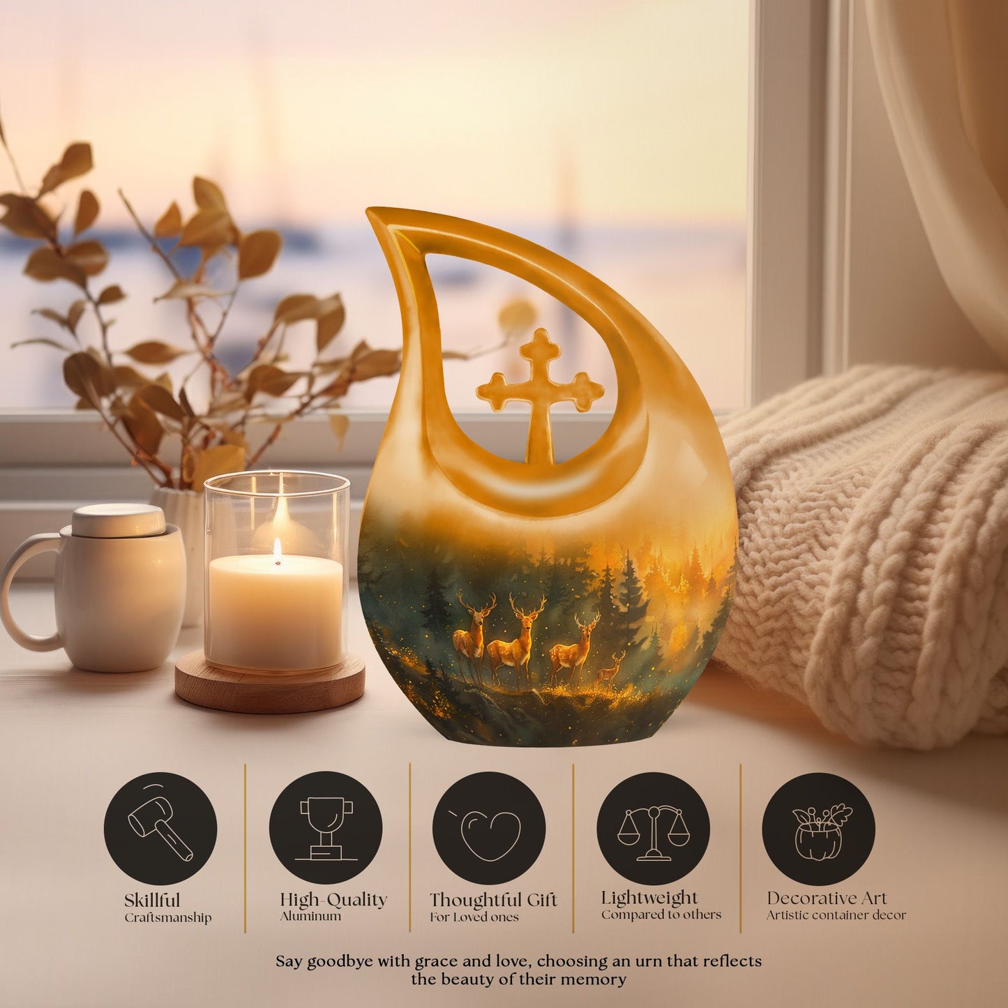 10-inch Deer Family Urn with Cross Drop design,