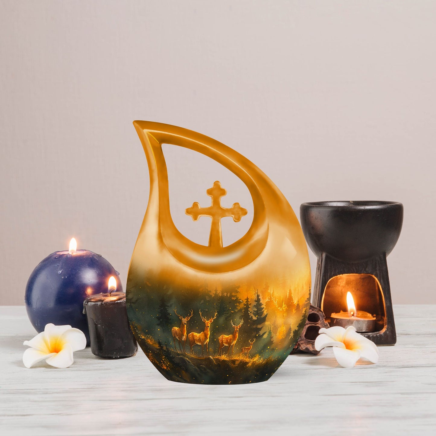 10-inch Deer Family Urn with Cross Drop design,
