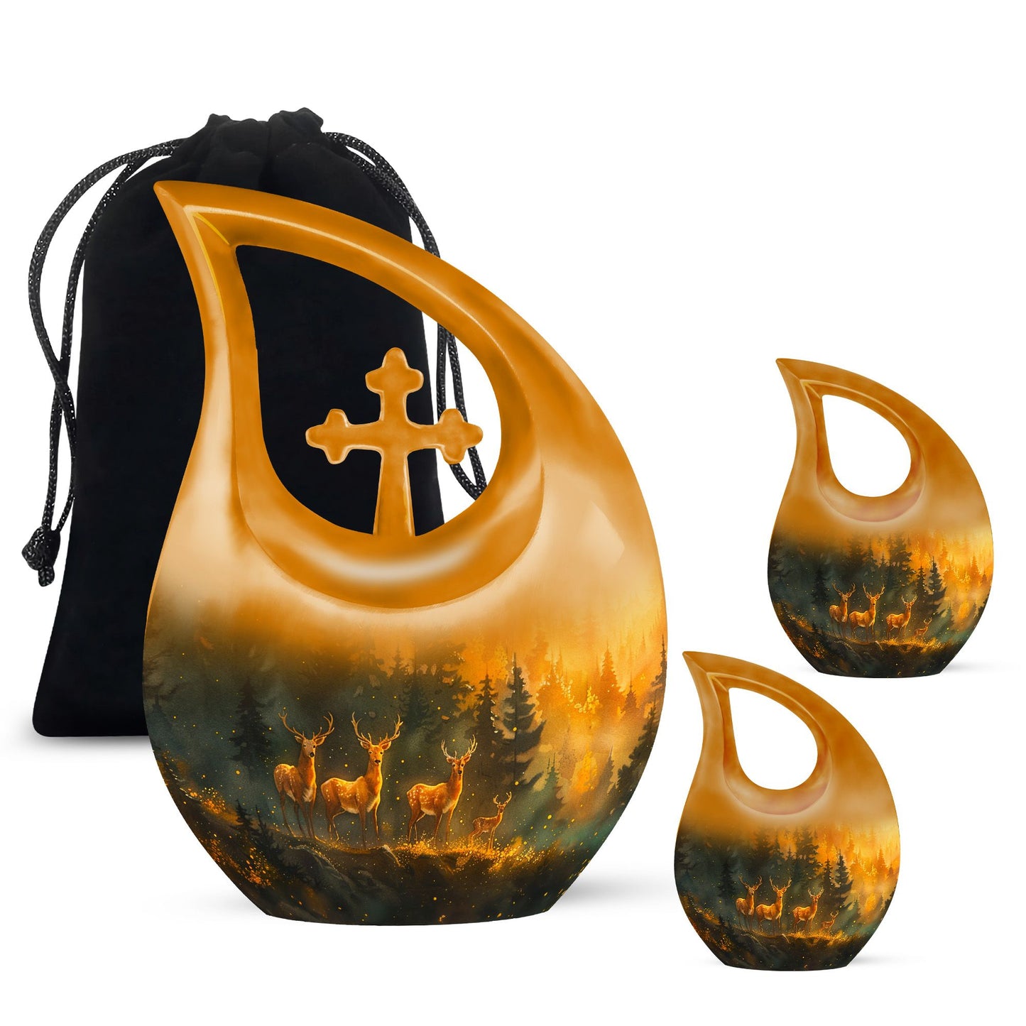 10-inch Deer Family Urn with Cross Drop design,