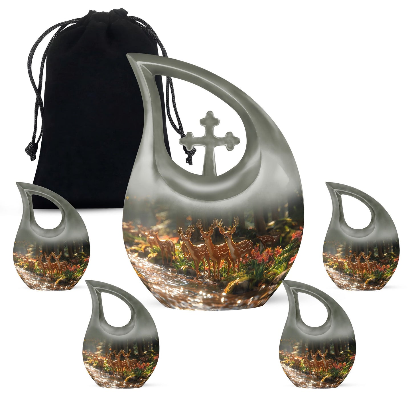 Deer Family Theme Large Urn With 4 Keepsake Urn