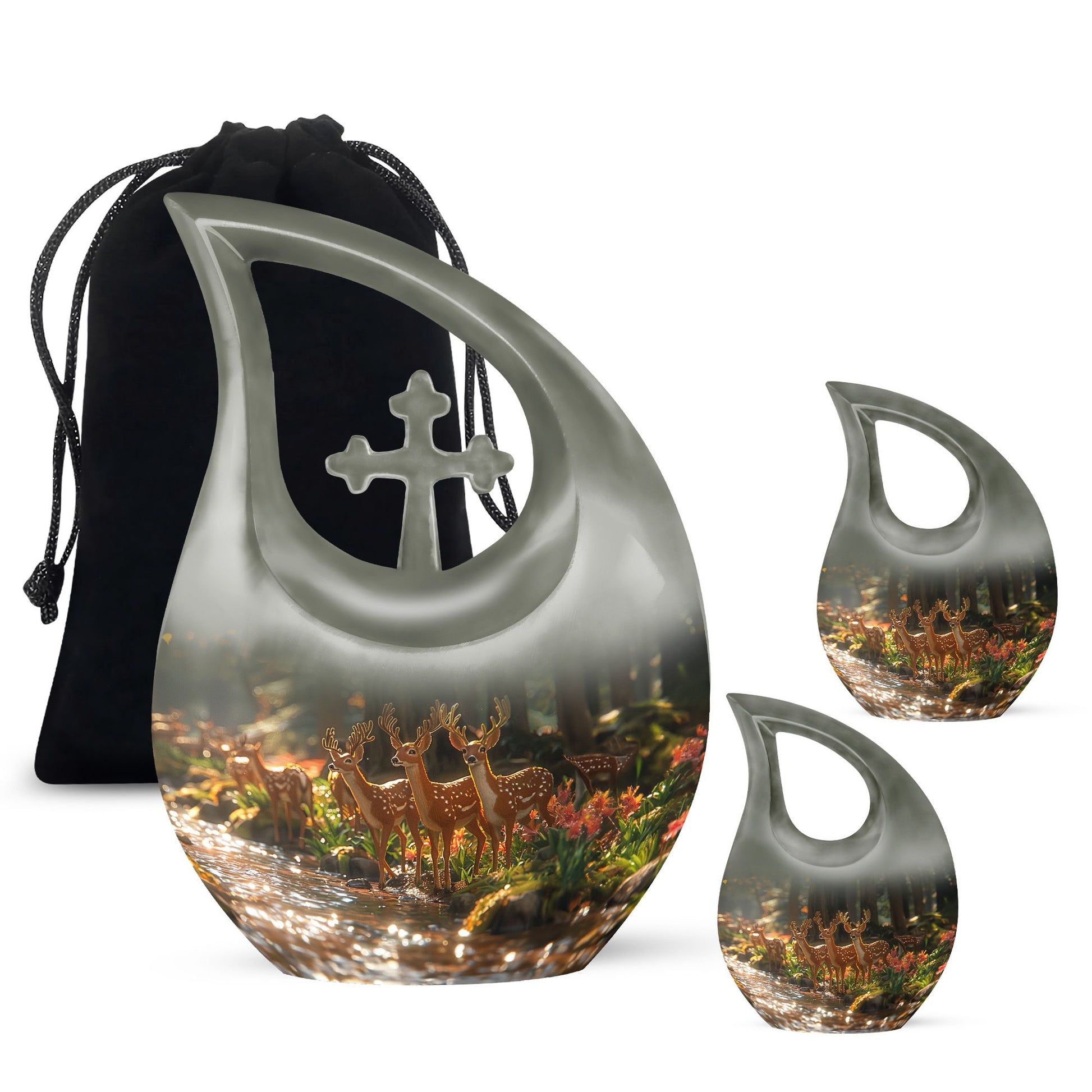 Deer Family Theme Large Urn With 2 Keepsake Urn