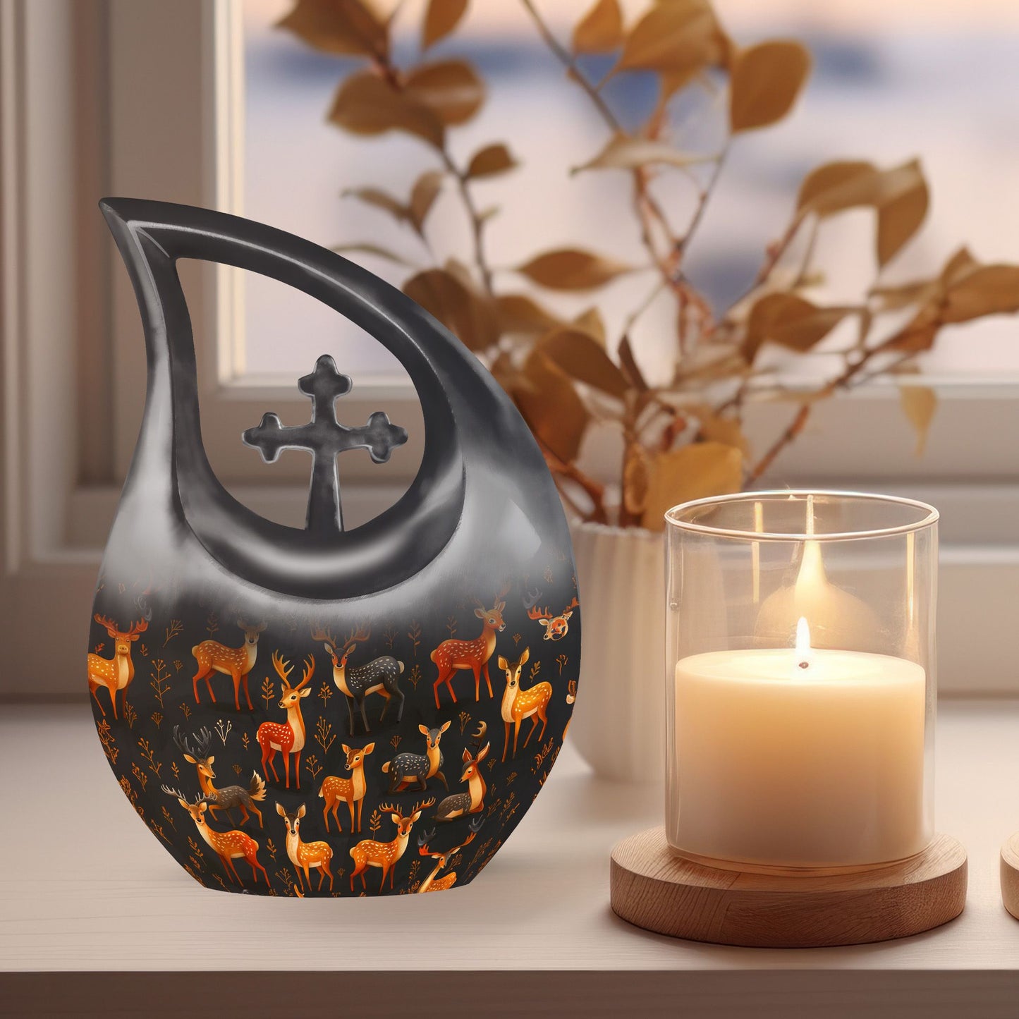 10-inch Deer Family Urn with Cross Drop Design, 