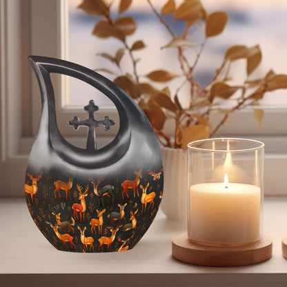10-inch Deer Family Urn with Cross Drop Design, 