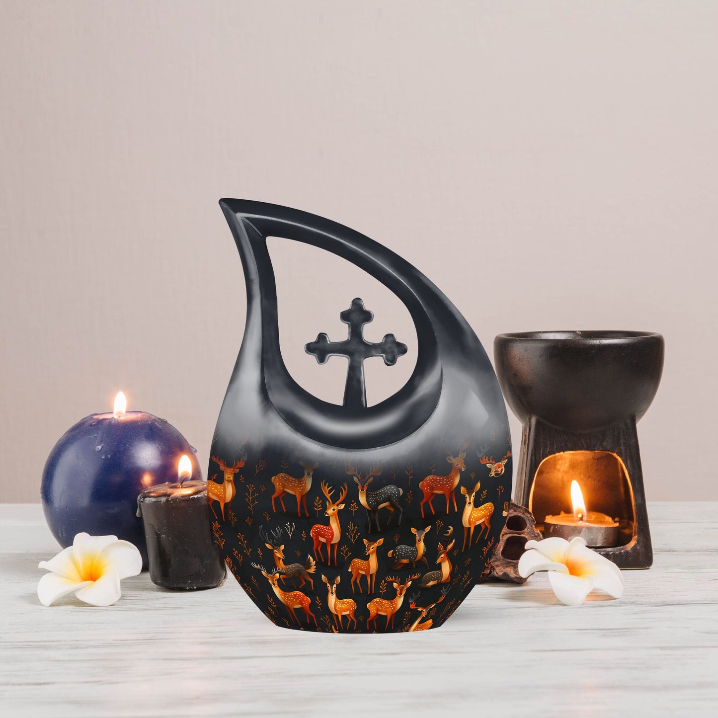 10-inch Deer Family Urn with Cross Drop Design, 