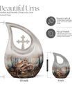 10-inch Deer Family Urn with Cross Drop Design, 