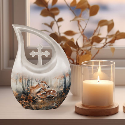 10-inch Deer Family Urn with Cross Drop Design, 