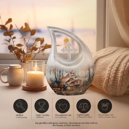 10-inch Deer Family Urn with Cross Drop Design, 