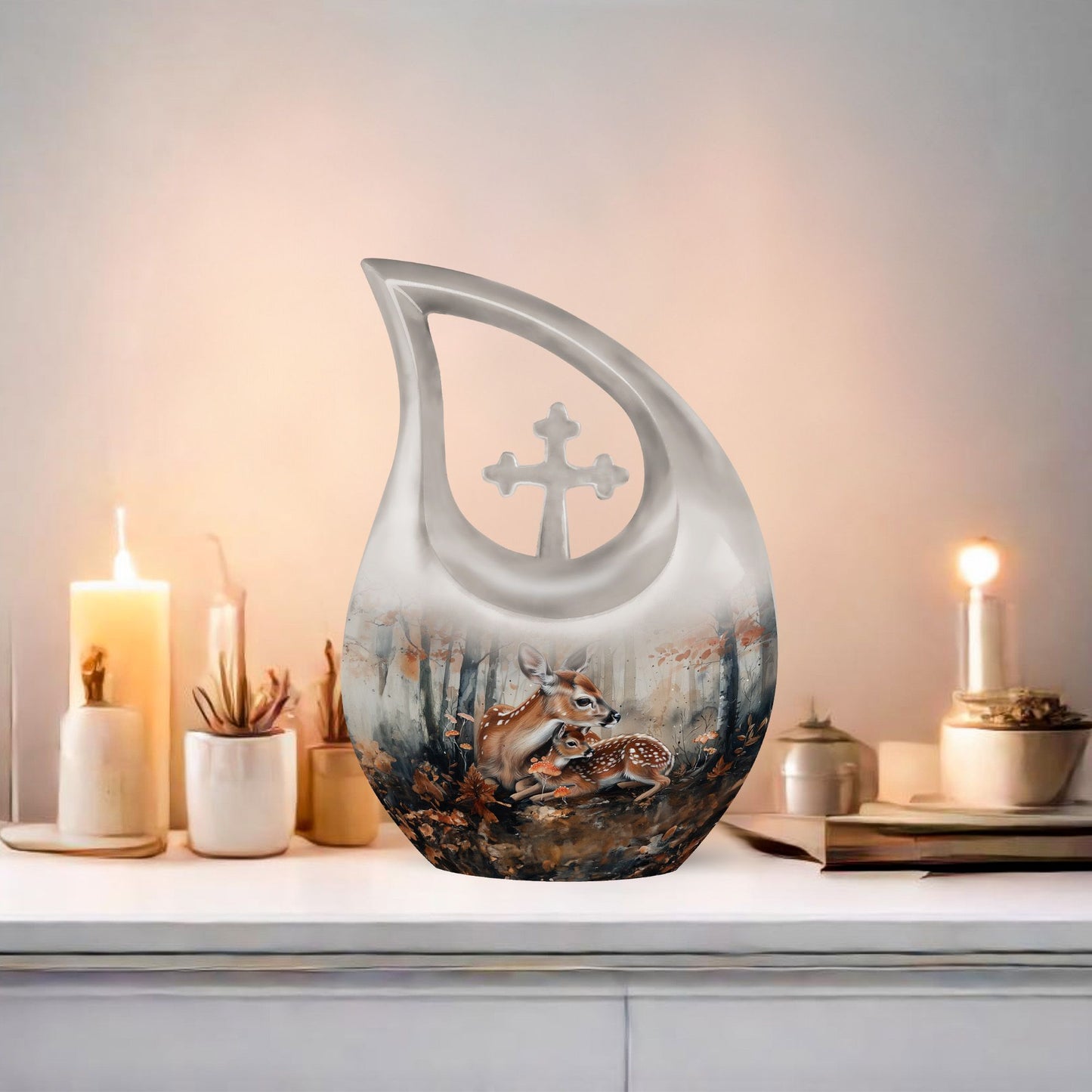 10-inch Deer Family Urn with Cross Drop Design, 