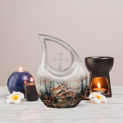 10-inch Deer Family Urn with Cross Drop Design, 