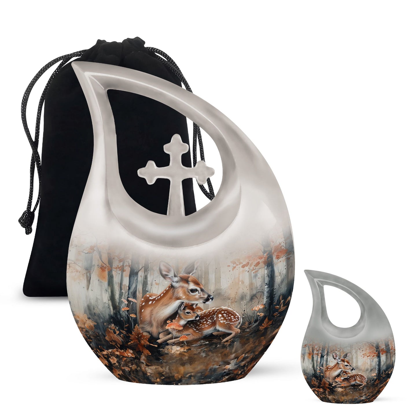 10-inch Deer Family Urn with Cross Drop Design, 