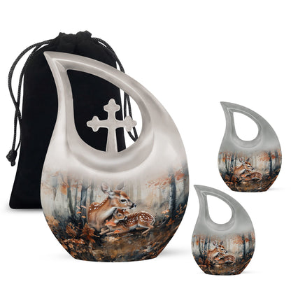 10-inch Deer Family Urn with Cross Drop Design, 