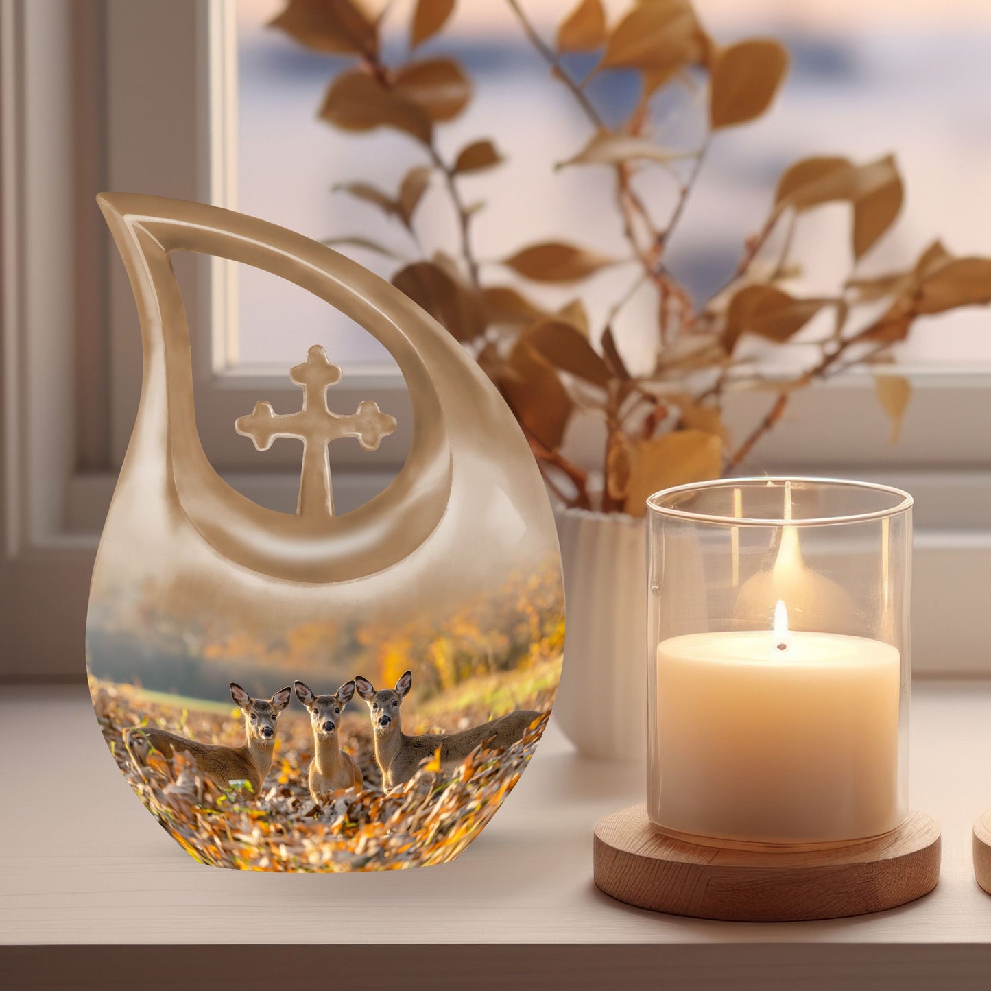 10-inch Deer Family Urn with Cross Drop design
