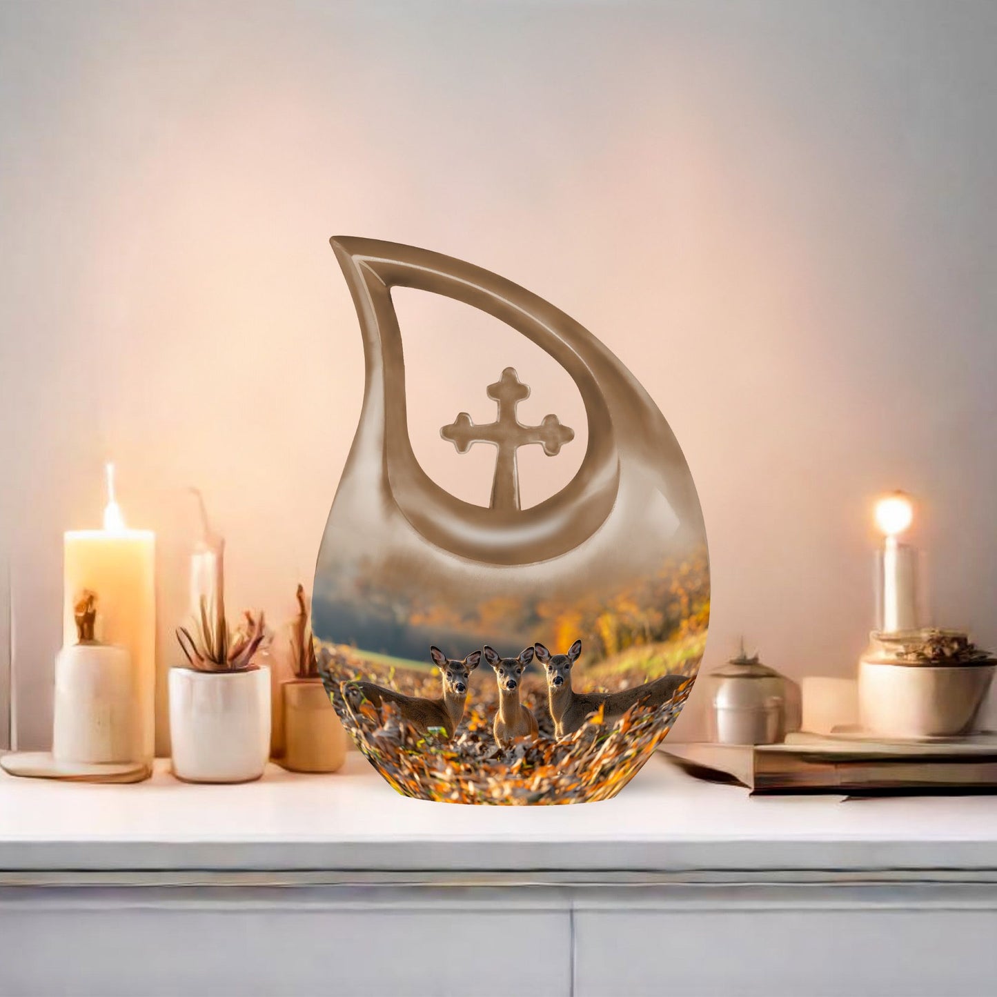 10-inch Deer Family Urn with Cross Drop design