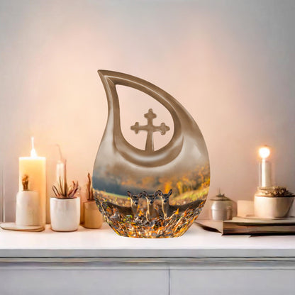 10-inch Deer Family Urn with Cross Drop design