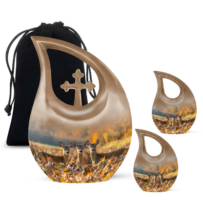 10-inch Deer Family Urn with Cross Drop design
