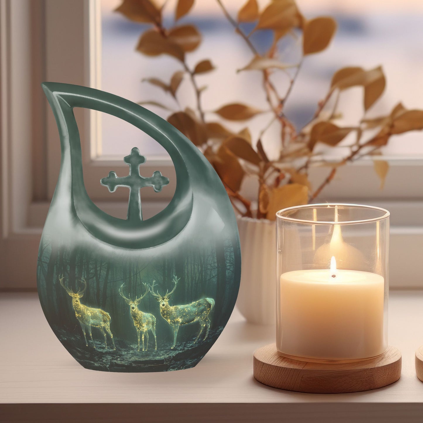 10- inch Deer Family Urn with Cross Drop design,