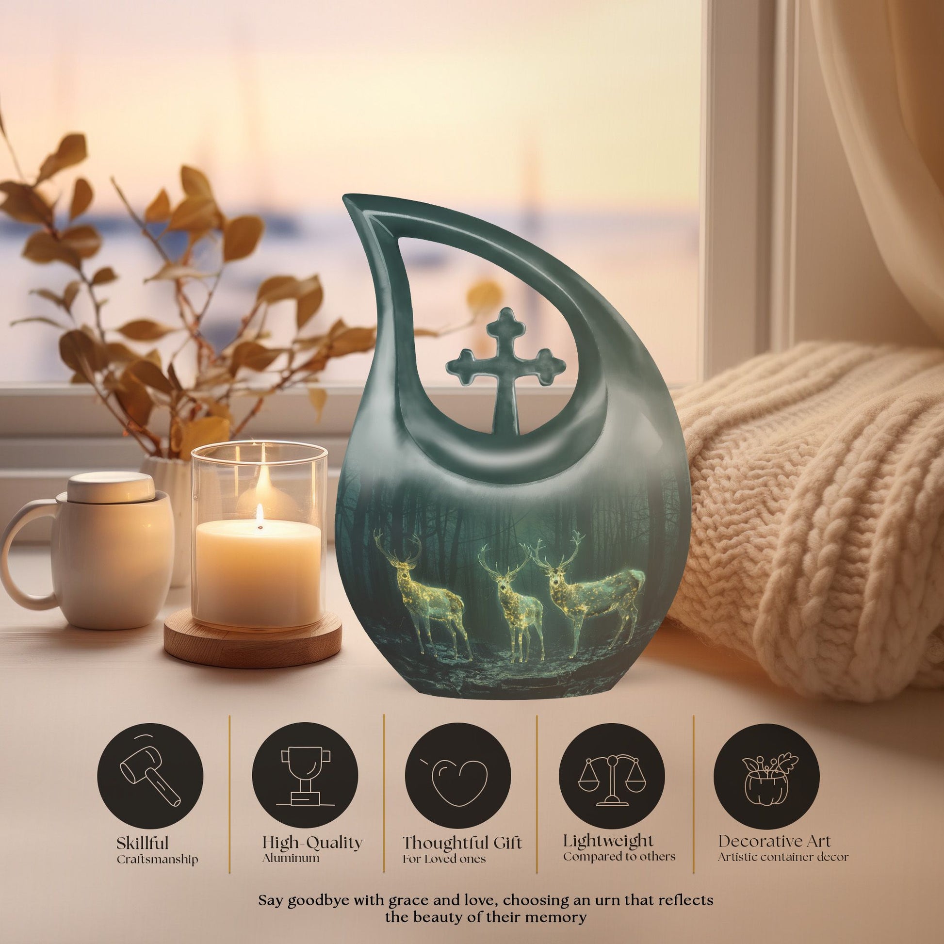10- inch Deer Family Urn with Cross Drop design,