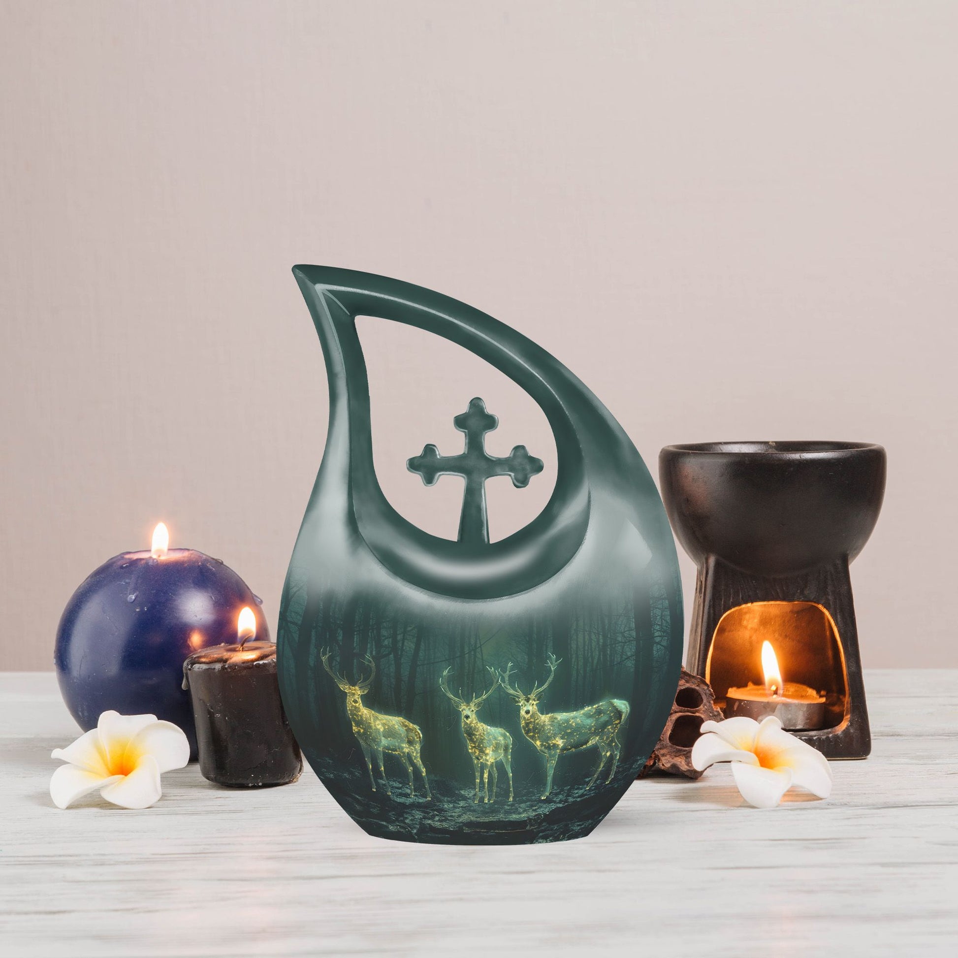 10- inch Deer Family Urn with Cross Drop design,