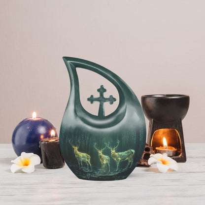 10- inch Deer Family Urn with Cross Drop design,
