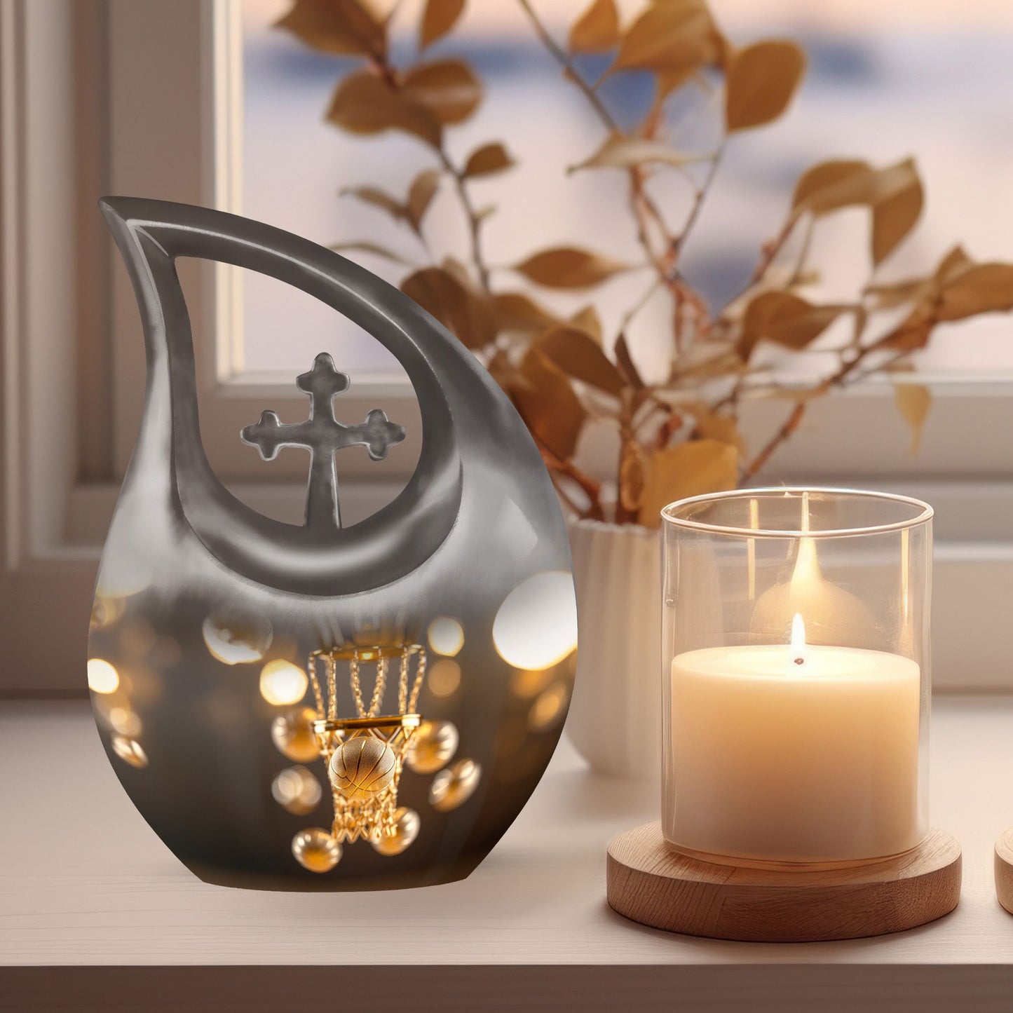 10 inch Basketball Themed Cross Drop Cremation Box for Adults