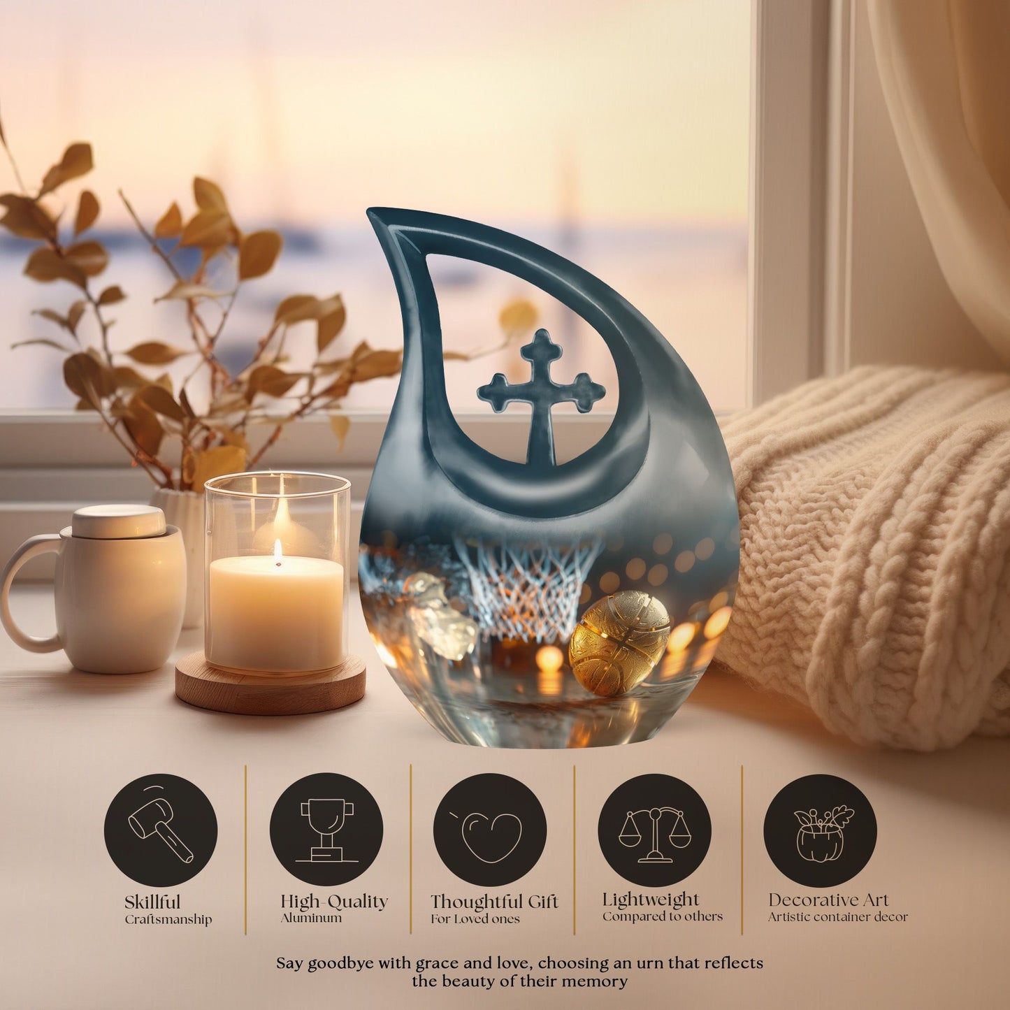10-inch Basketball urn with Cross Drop design,