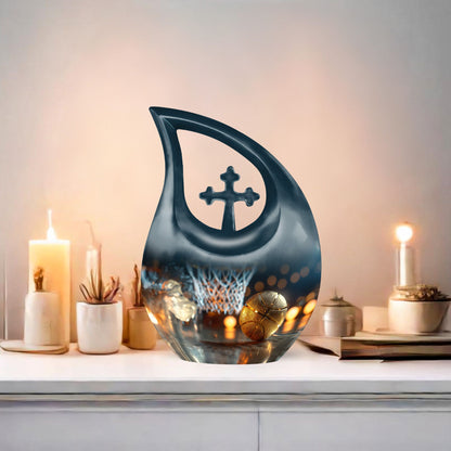 10-inch Basketball urn with Cross Drop design,