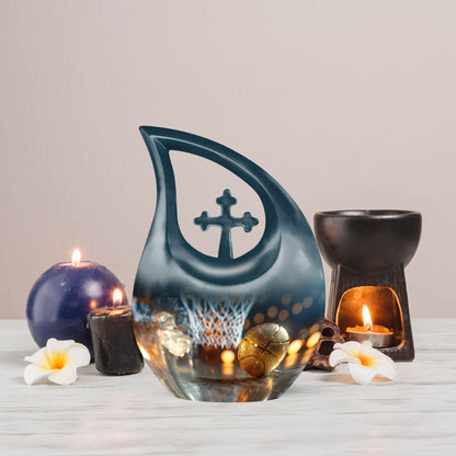 10-inch Basketball urn with Cross Drop design,