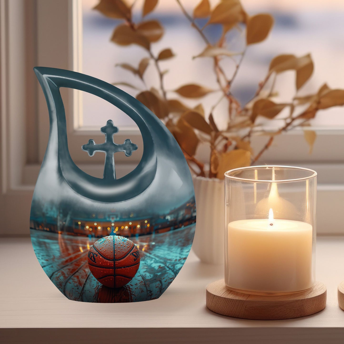 Basketball theme, extra large Cross Drop Basketball Urn 