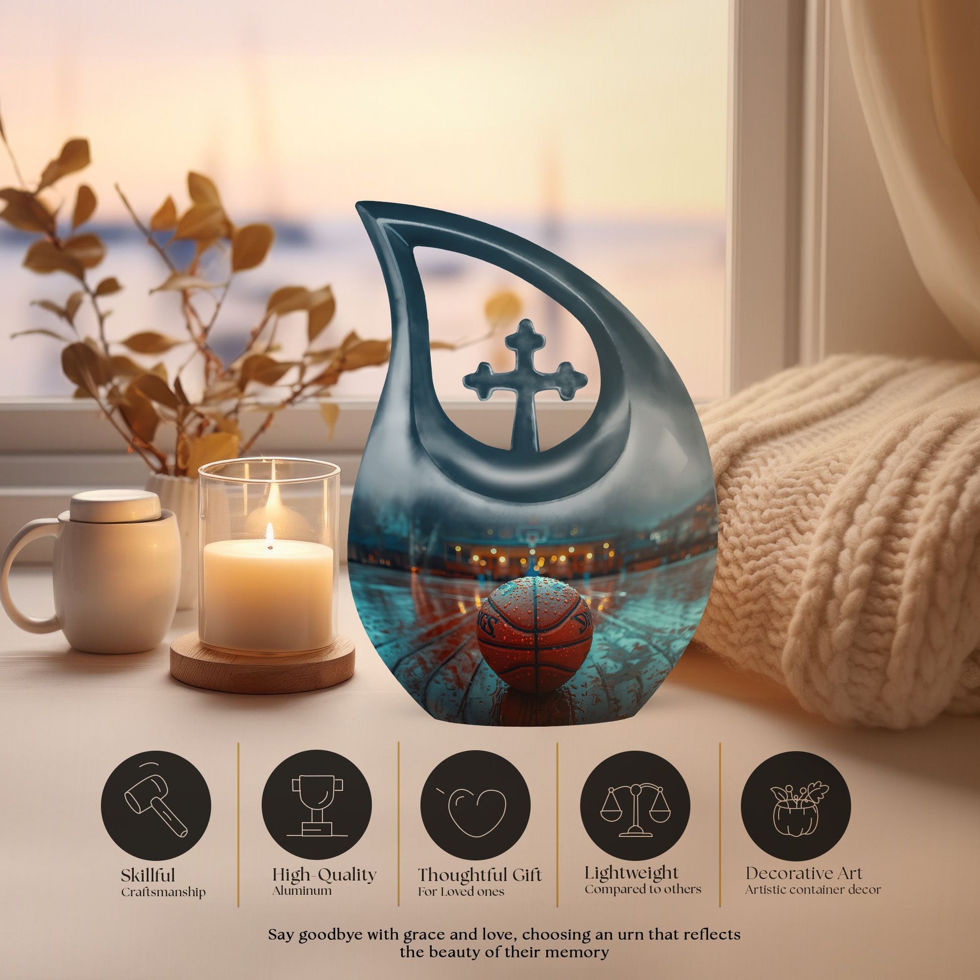 Basketball theme, extra large Cross Drop Basketball Urn 