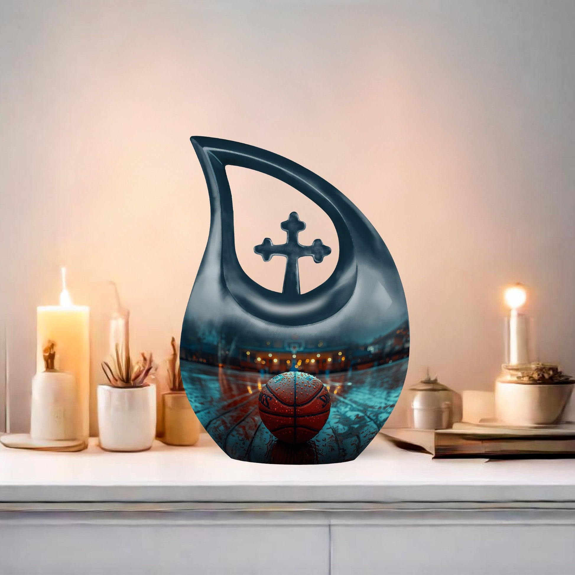 Basketball theme, extra large Cross Drop Basketball Urn 