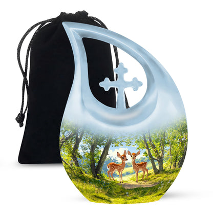 Medium size 10-inch Deer urn in Cross Drop design 