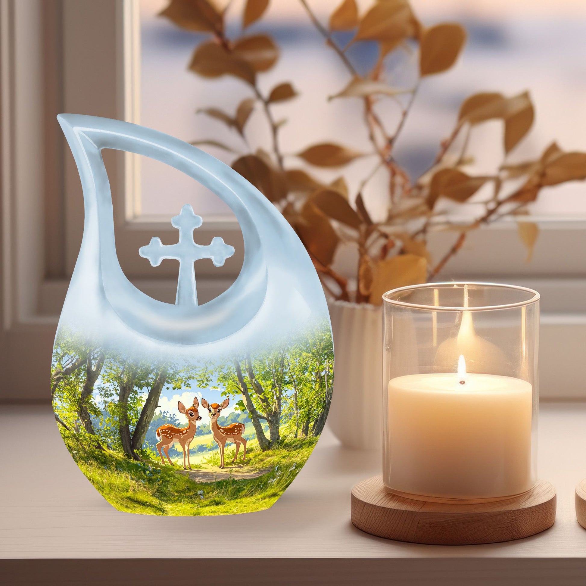 Medium size 10-inch Deer urn in Cross Drop design 