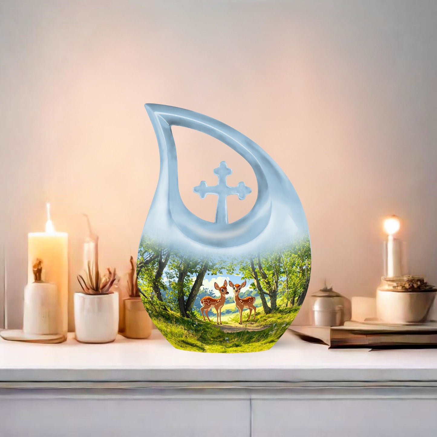 Medium size 10-inch Deer urn in Cross Drop design 
