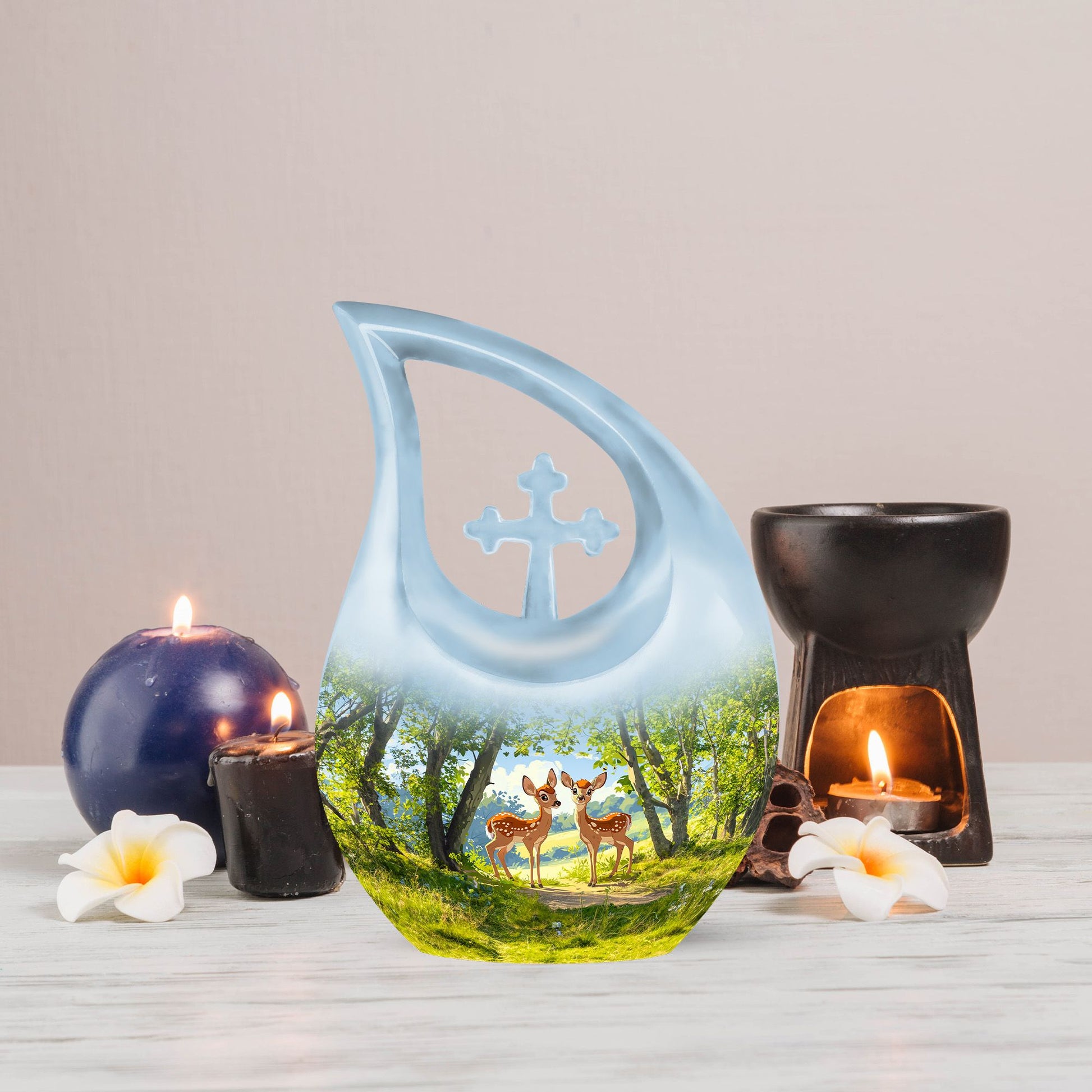 Medium size 10-inch Deer urn in Cross Drop design 