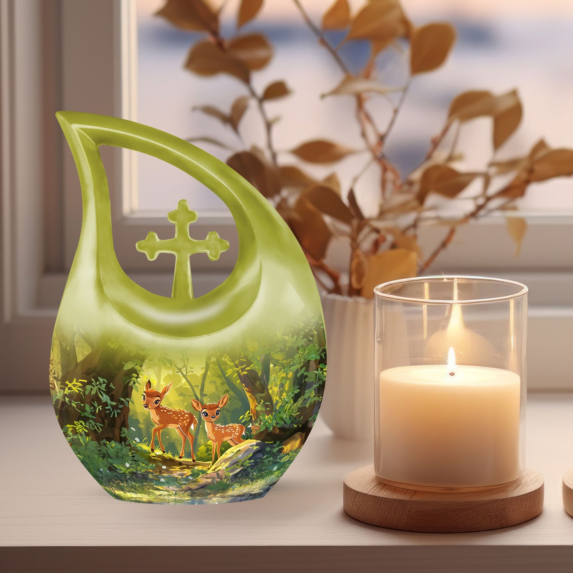 Customizable 10 inch Deer Themed Cross Drop Memorial Urn