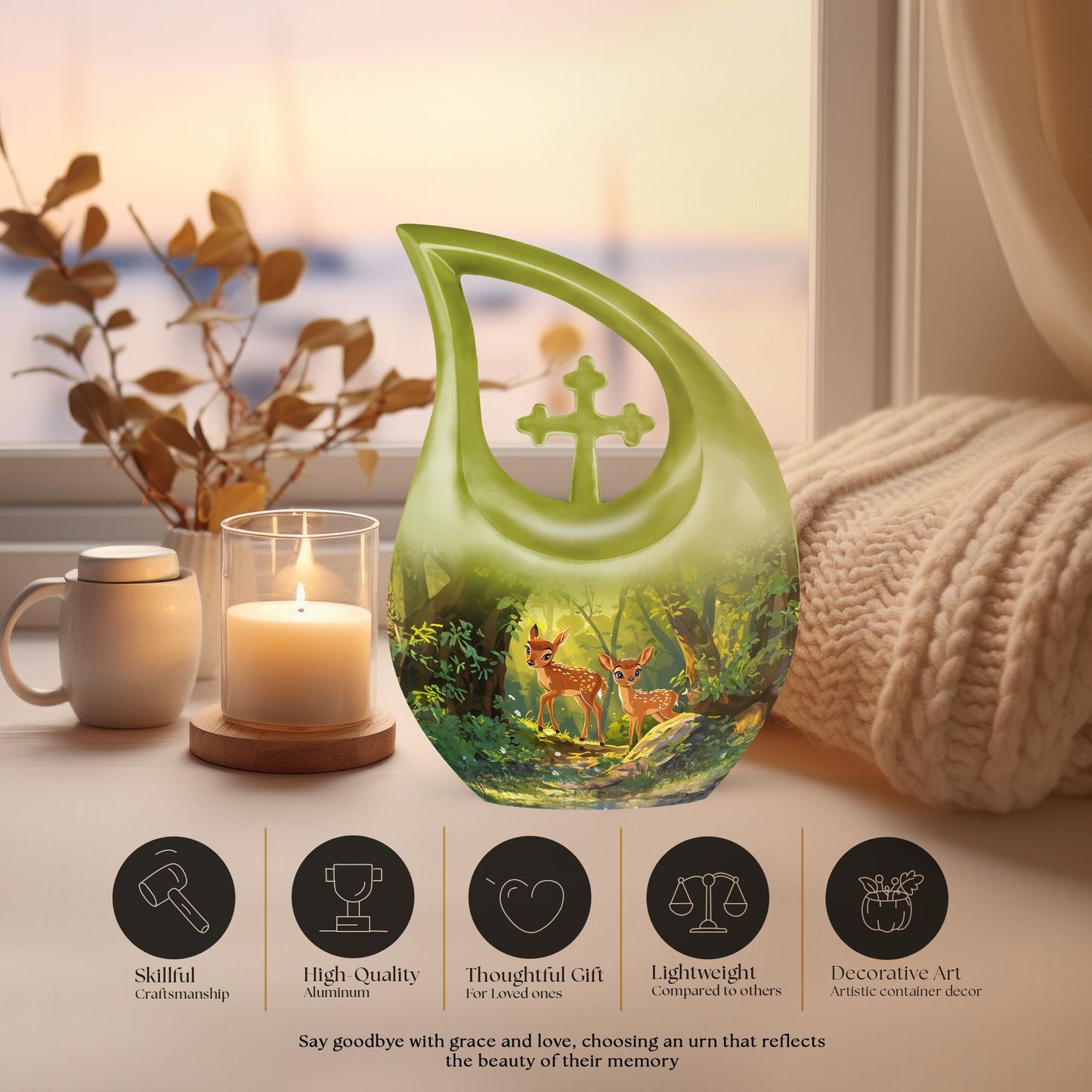 Customizable 10 inch Deer Themed Cross Drop Memorial Urn