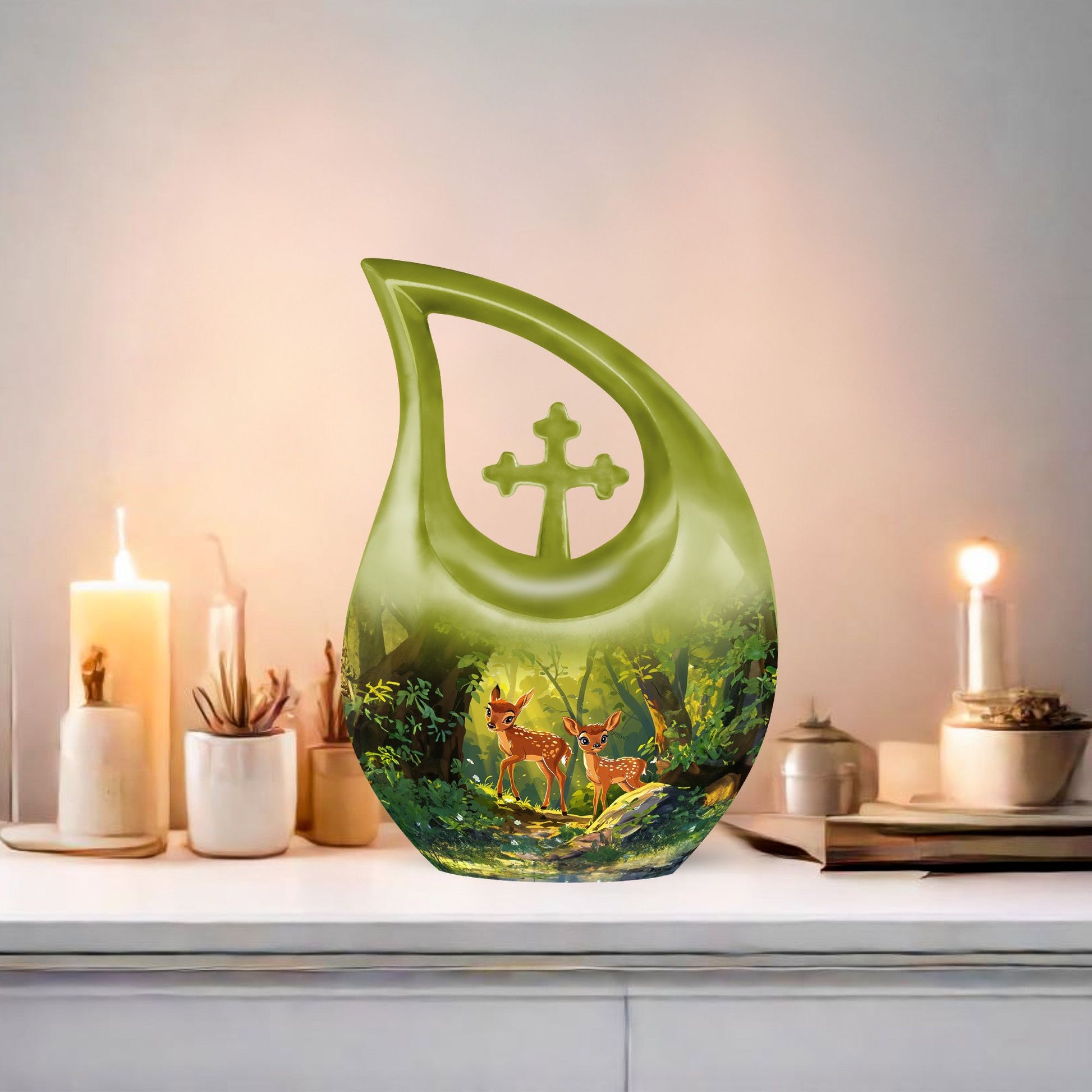 Customizable 10 inch Deer Themed Cross Drop Memorial Urn