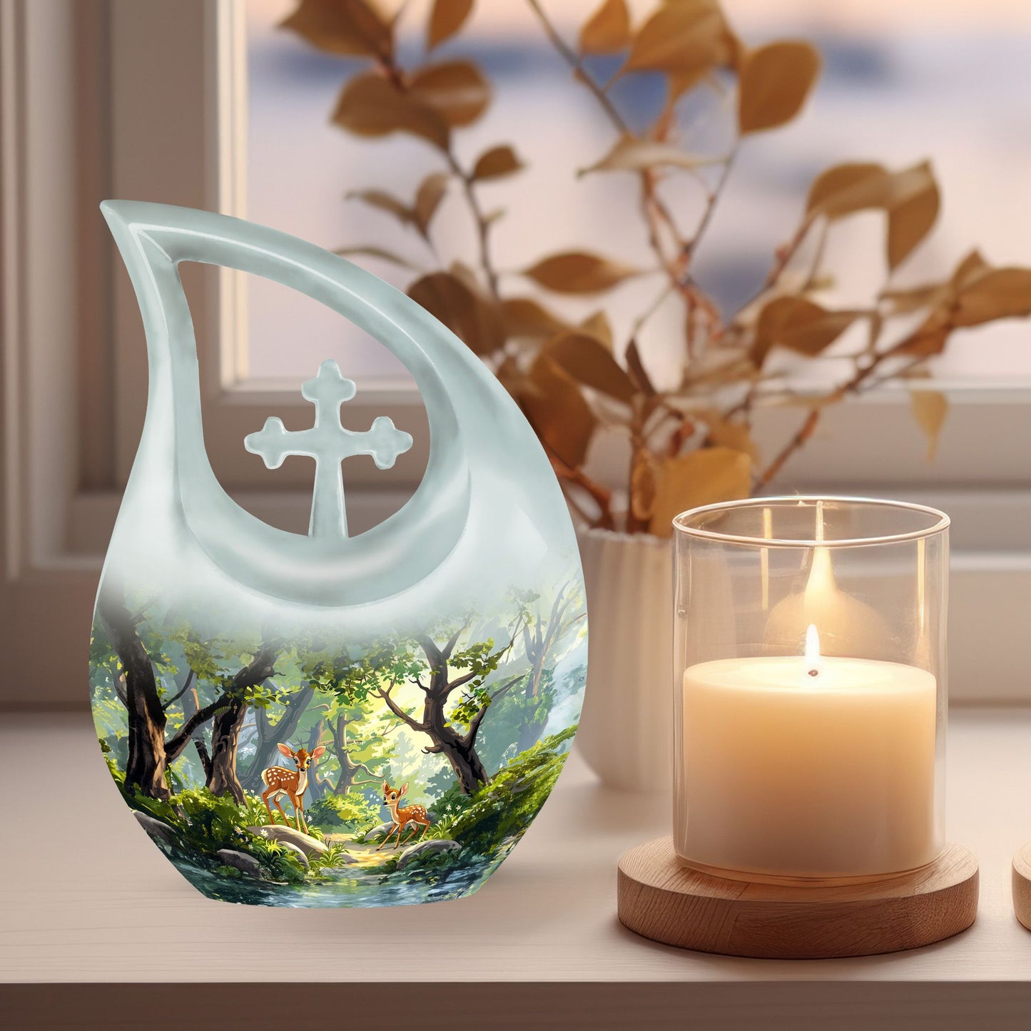 10 Inch Cross Drop Deer Urn 