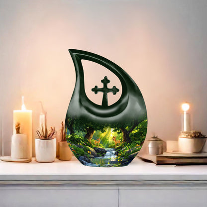 10-inch blue Deer Urn, Cross Drop design,