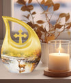 Large 10-inch deer themed Garden Urn with Cross Drop design for ashes